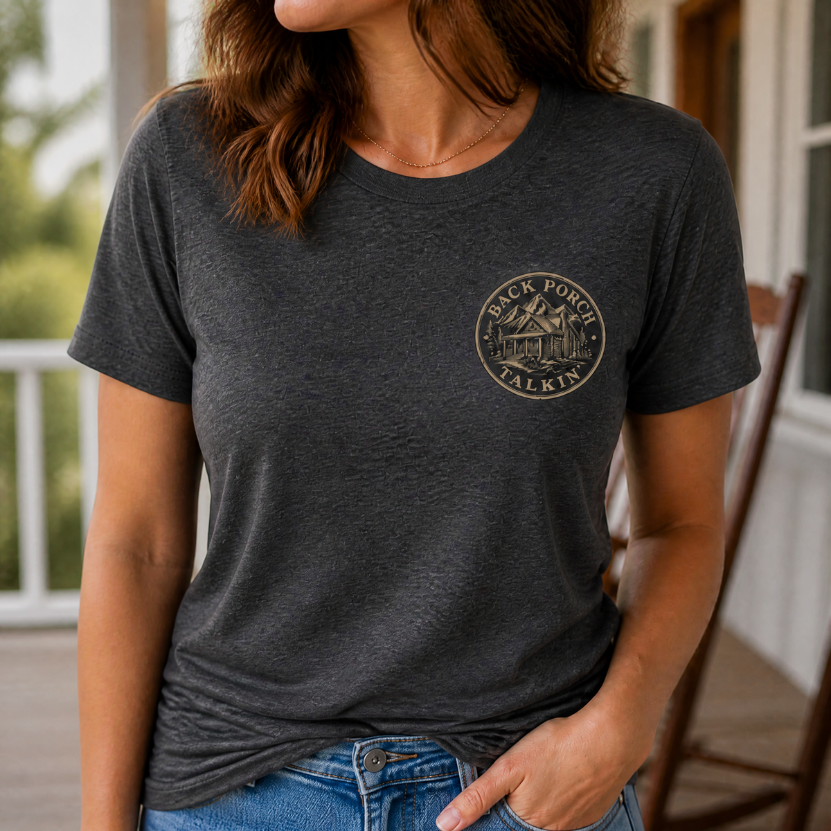 Back Porch Talkin' Tee — Rustic Cabin Graphic Logo T-Shirt