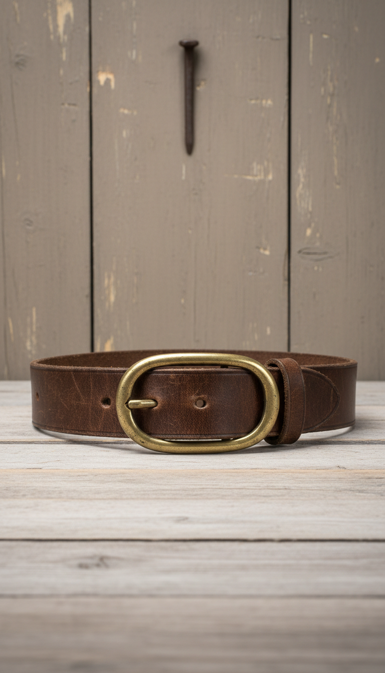Worn Leather Belt with Solid Brass Buckle