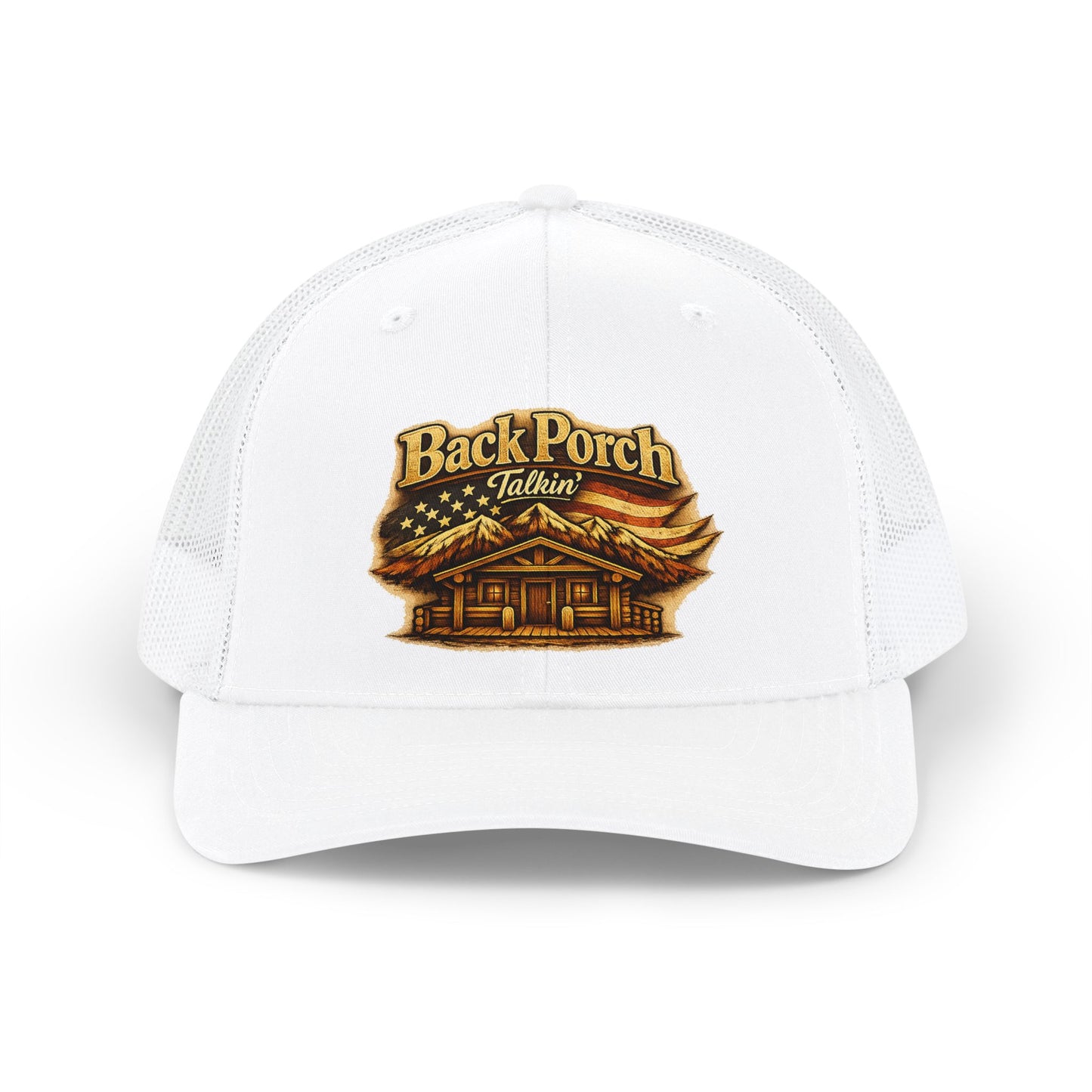 Back Porch Talkin' Snapback Trucker Cap — Rustic Cabin Logo Hat