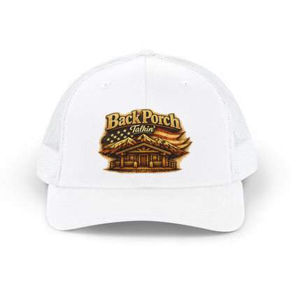 Back Porch Talkin' Snapback Trucker Cap — Rustic Cabin Logo Hat