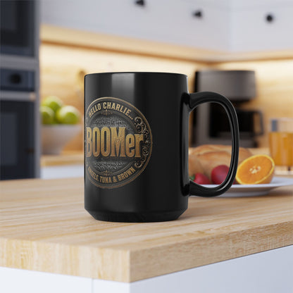 BOOMer : Vintage Logo Black Coffee Mug – Retro Porch Design (11oz/15oz)