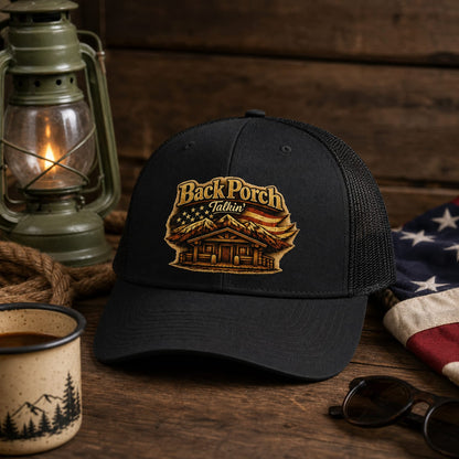 Back Porch Talkin' Snapback Trucker Cap — Rustic Cabin Logo Hat