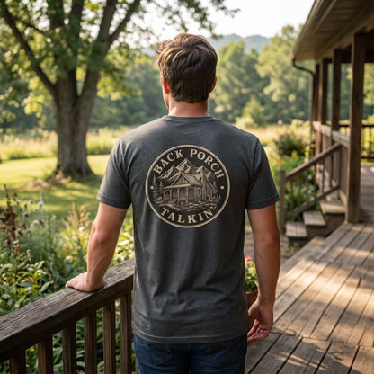 Back Porch Talkin' Tee — Rustic Cabin Graphic Logo T-Shirt