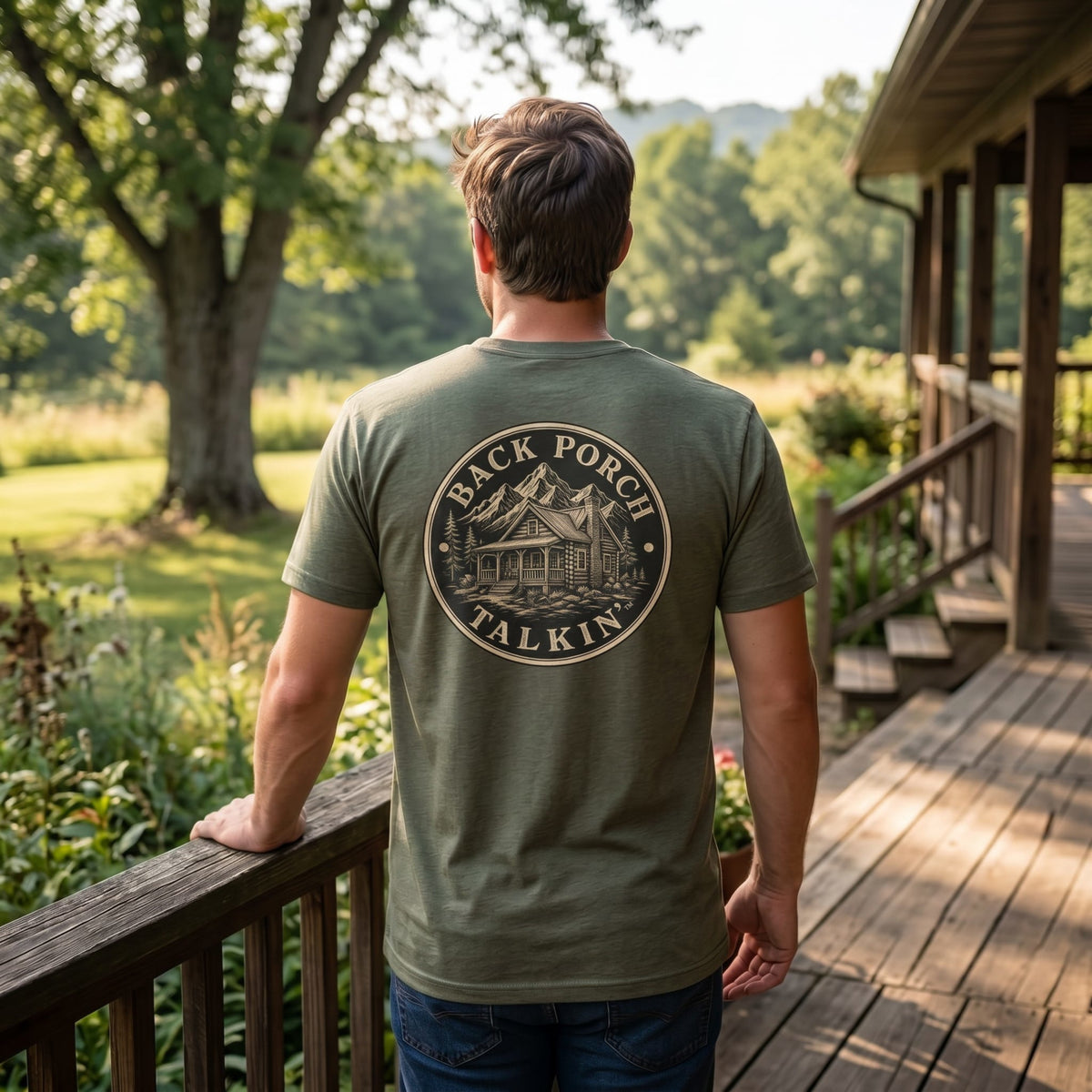 Back Porch Talkin' Tee — Rustic Cabin Graphic Logo T-Shirt