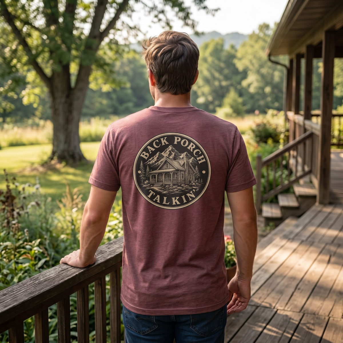Back Porch Talkin' Tee — Rustic Cabin Graphic Logo T-Shirt