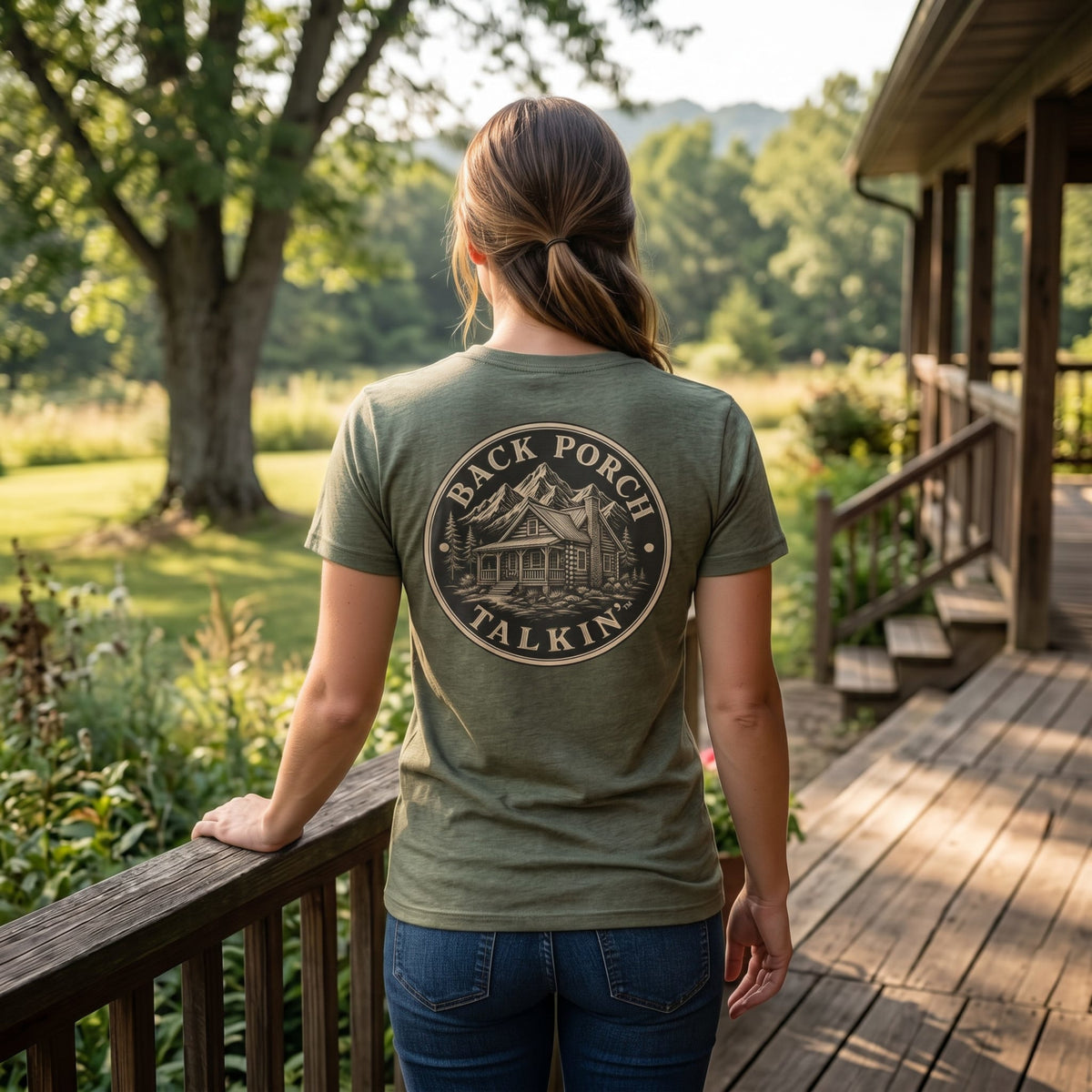 Back Porch Talkin' Tee — Rustic Cabin Graphic Logo T-Shirt