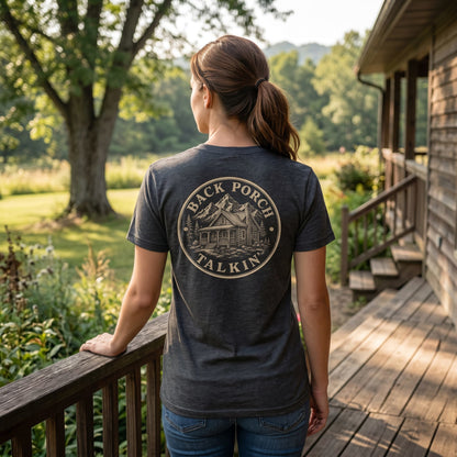 Back Porch Talkin' Tee — Rustic Cabin Graphic Logo T-Shirt