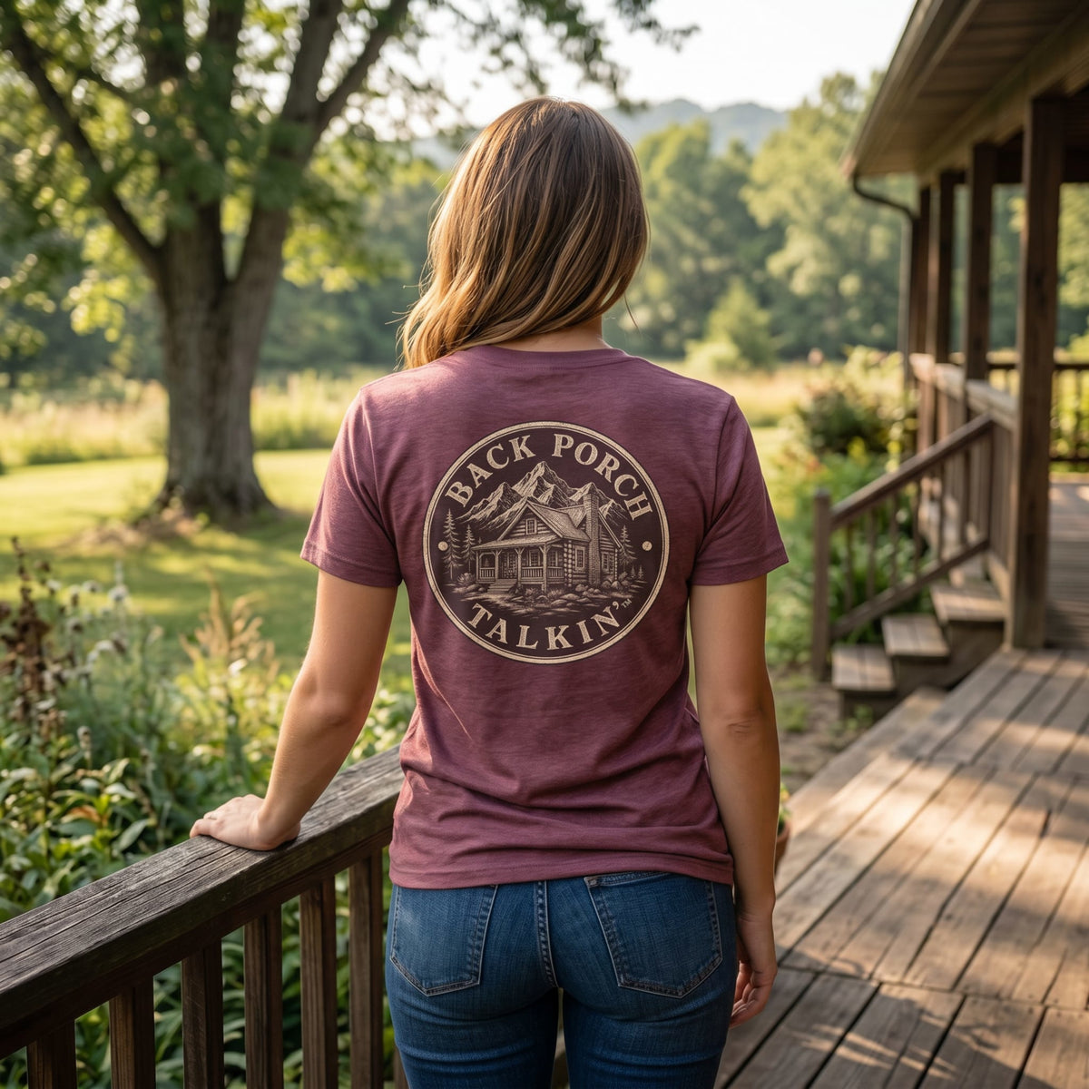 Back Porch Talkin' Tee — Rustic Cabin Graphic Logo T-Shirt