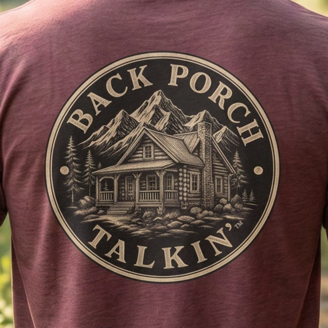 Back Porch Talkin' Tee — Rustic Cabin Graphic Logo T-Shirt