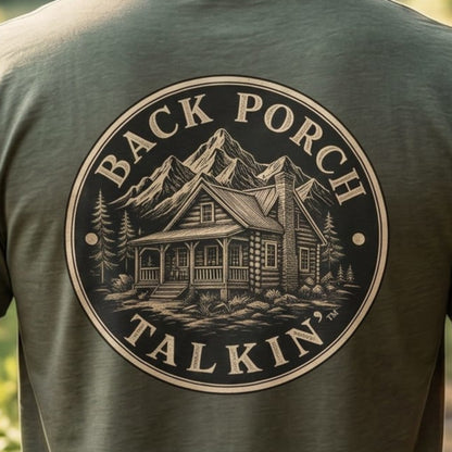 Back Porch Talkin' Tee — Rustic Cabin Graphic Logo T-Shirt