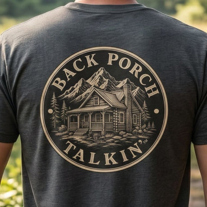 Back Porch Talkin' Tee — Rustic Cabin Graphic Logo T-Shirt