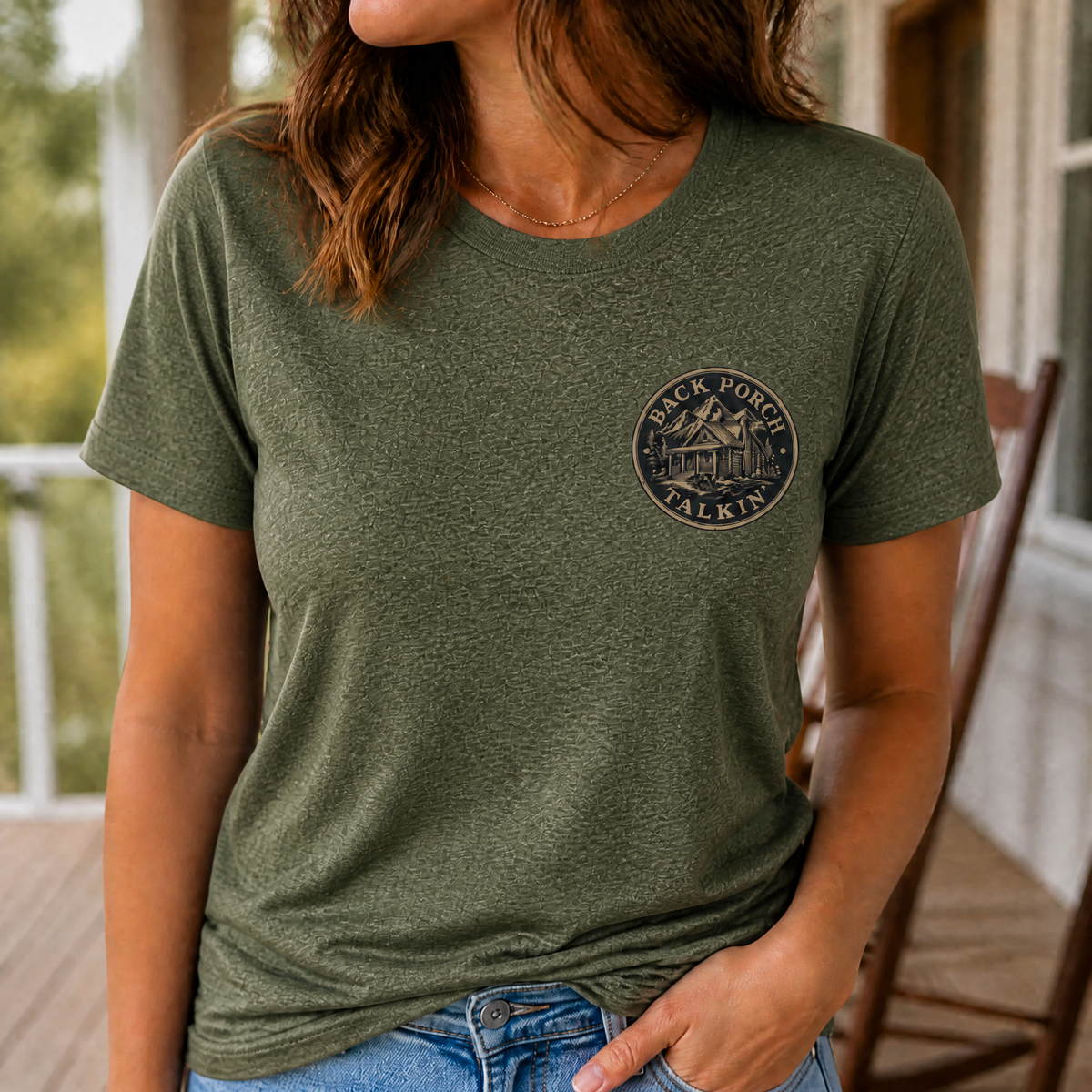 Back Porch Talkin' Tee — Rustic Cabin Graphic Logo T-Shirt