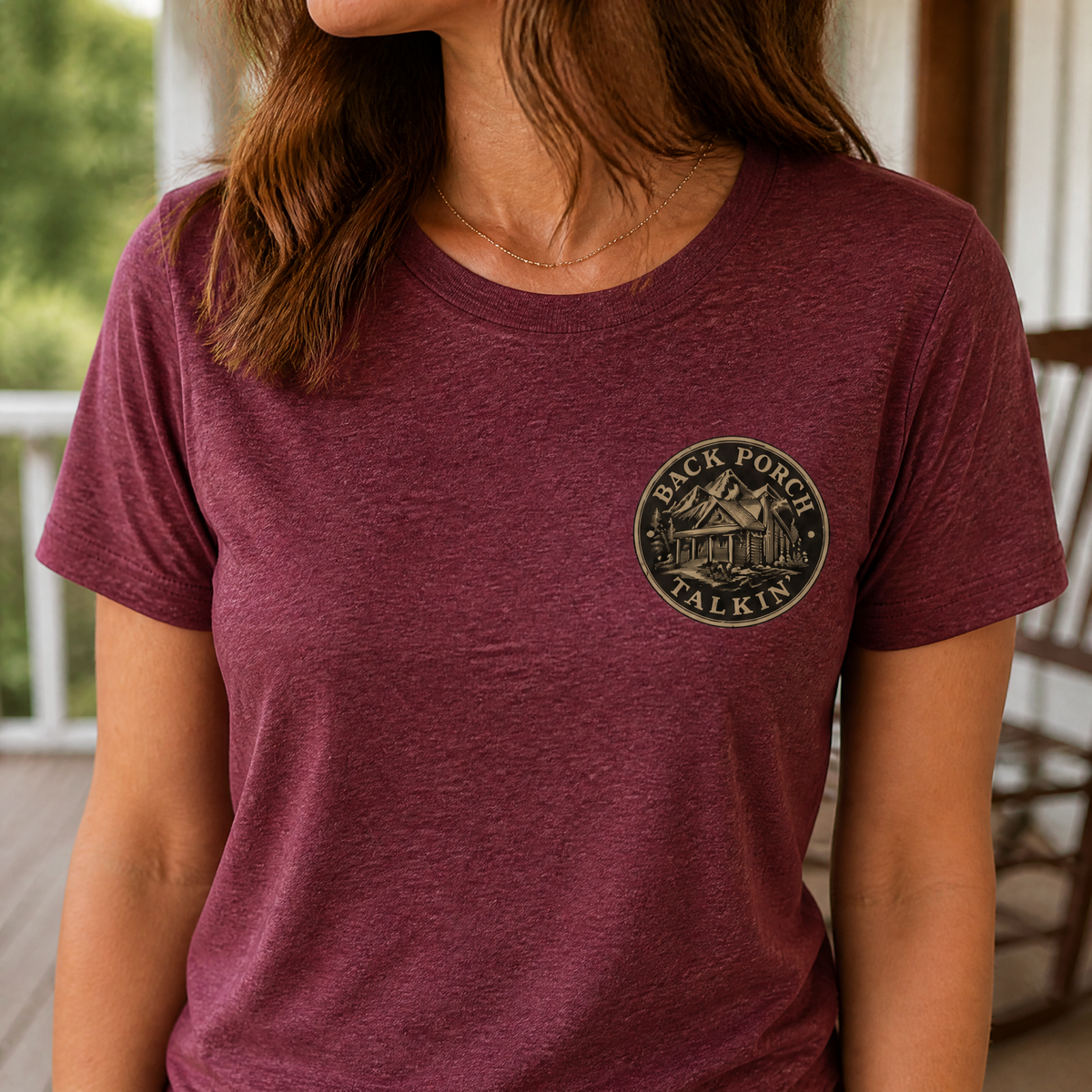 Back Porch Talkin' Tee — Rustic Cabin Graphic Logo T-Shirt