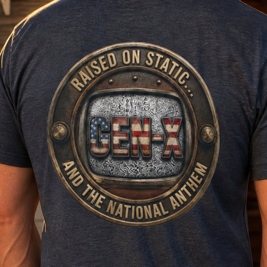 Raised on Static and the National Anthem - Retro TV Flag Graphic