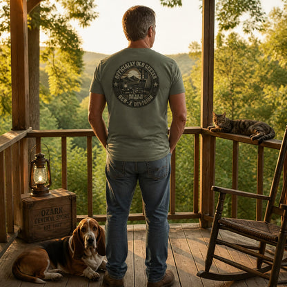 Officially Old Geezer Tee — 'Old Age Is Overrated' Vintage Camping Shirt (Gen‑X Division)