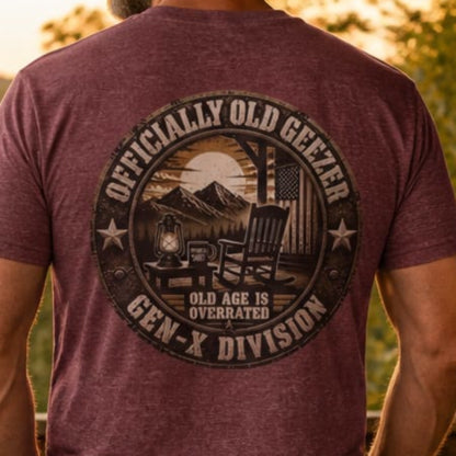 Officially Old Geezer Tee — 'Old Age Is Overrated' Vintage Camping Shirt (Gen‑X Division)