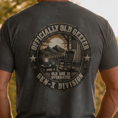 Officially Old Geezer Tee — 'Old Age Is Overrated' Vintage Camping Shirt (Gen‑X Division)