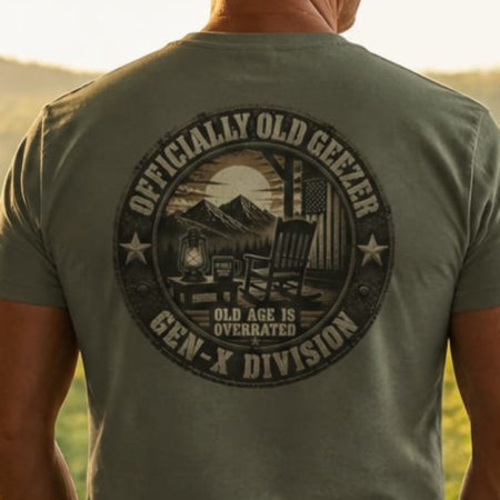 Officially Old Geezer Tee — 'Old Age Is Overrated' Vintage Camping Shirt (Gen‑X Division)