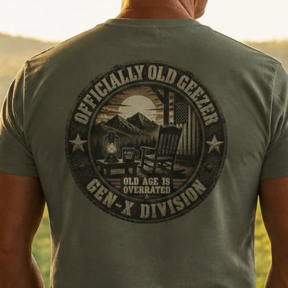 Officially Old Geezer Tee — 'Old Age Is Overrated' Vintage Camping Shirt (Gen‑X Division)