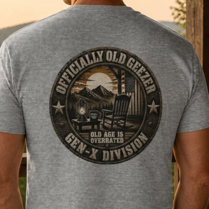 Officially Old Geezer Tee — 'Old Age Is Overrated' Vintage Camping Shirt (Gen‑X Division)