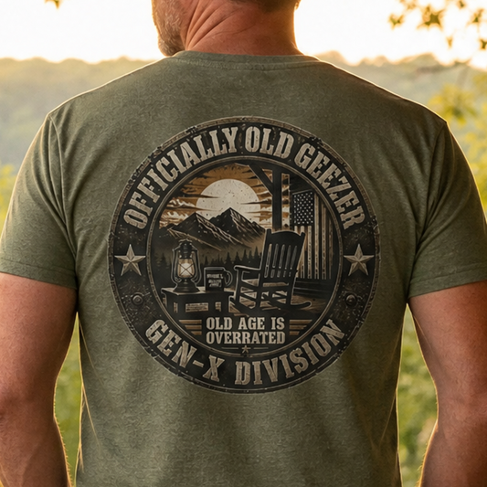 Officially Old Geezer Tee — 'Old Age Is Overrated' Vintage Camping Shirt (Gen‑X Division)
