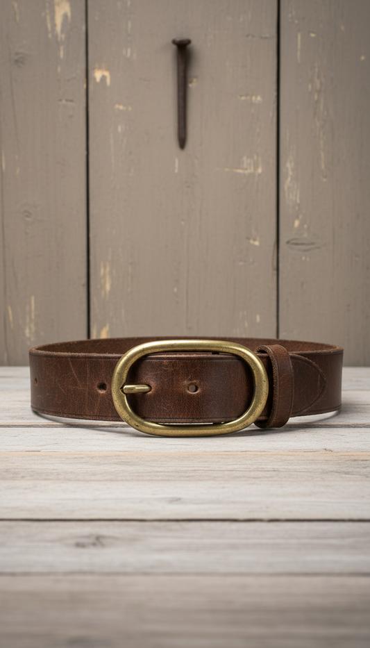 Worn Leather Belt with Solid Brass Buckle